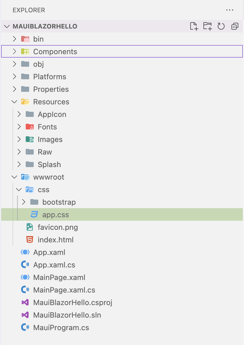 File explorer: MAUIBLAZORHELLO - Resources - wwwroot - css - app.css