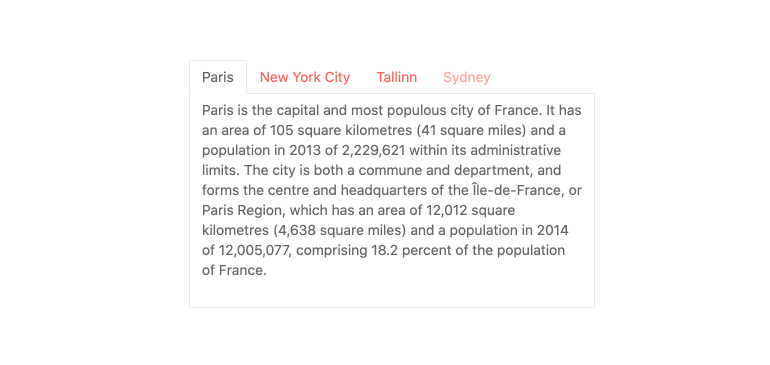 Kendo UI for Vue TabStrip - Overview - tabs at the top list, Paris, New York City, Tallinn and Sydney. We're on Paris, and there's a paragraph about the city.