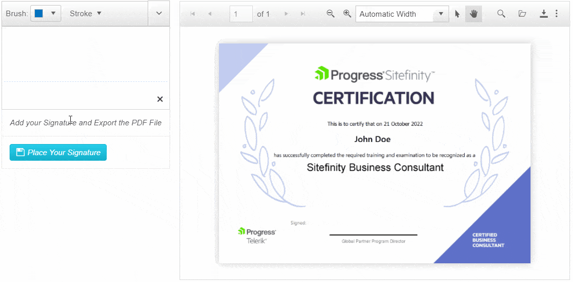 User signs, hits Place button, and the signature appears on a certificate PDF