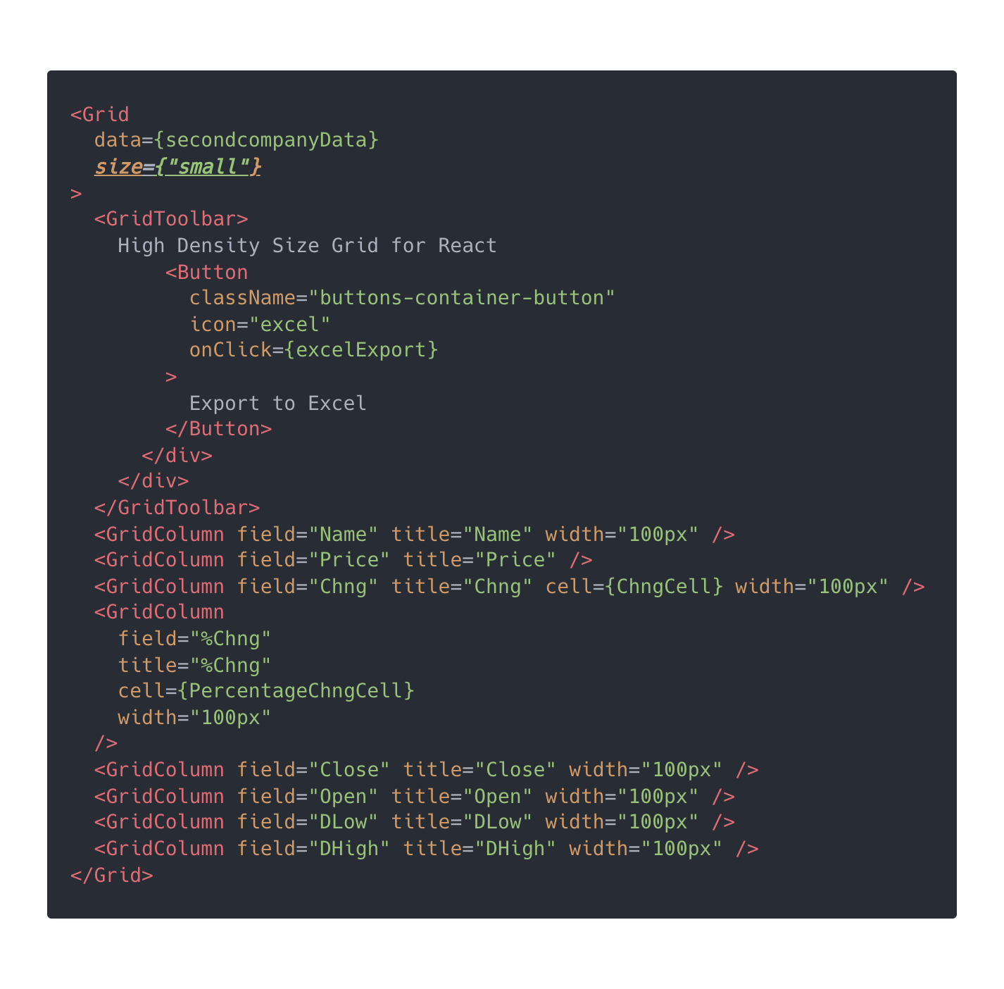 Here we see setting the grid size to small in React.