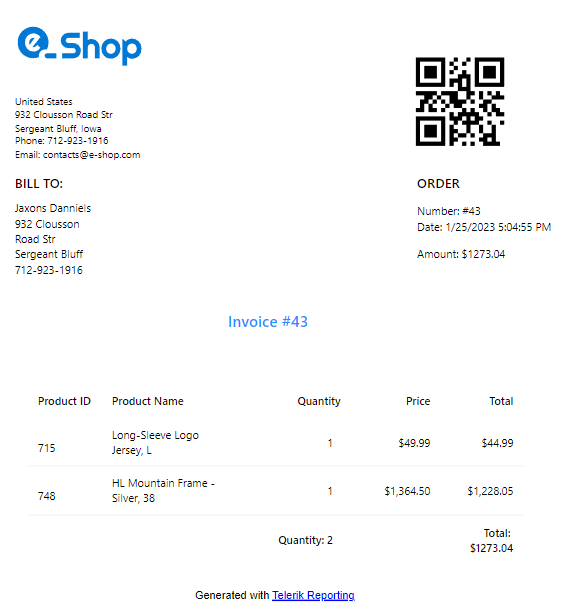 e-shop invoice 43 with shop details, buyer info, products sold, quantity, prices, total