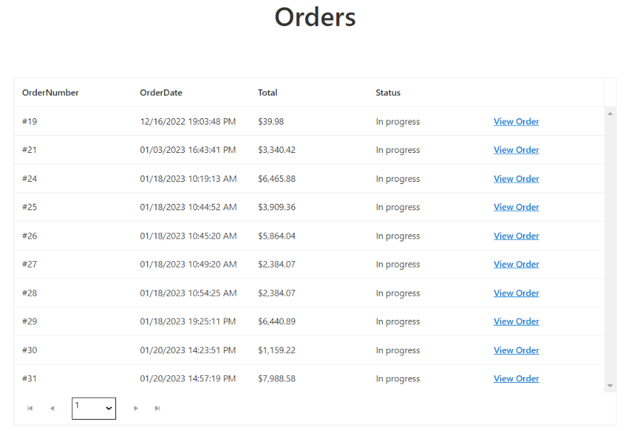 Orders grid shows order number, orderdate, total, status, and a link to view the order