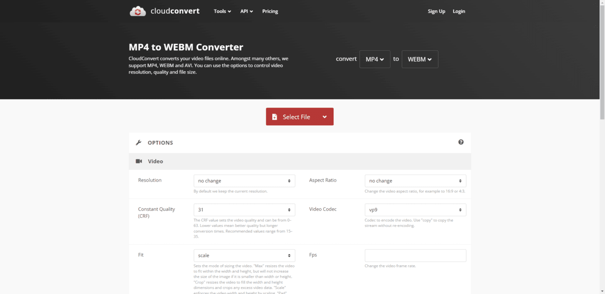 Designers can use CloudConvert to convert their video files from formats like MP4 to WebM. They can make further modifications to the video in terms of resolution, aspect ratio, audio, watermark, and more.