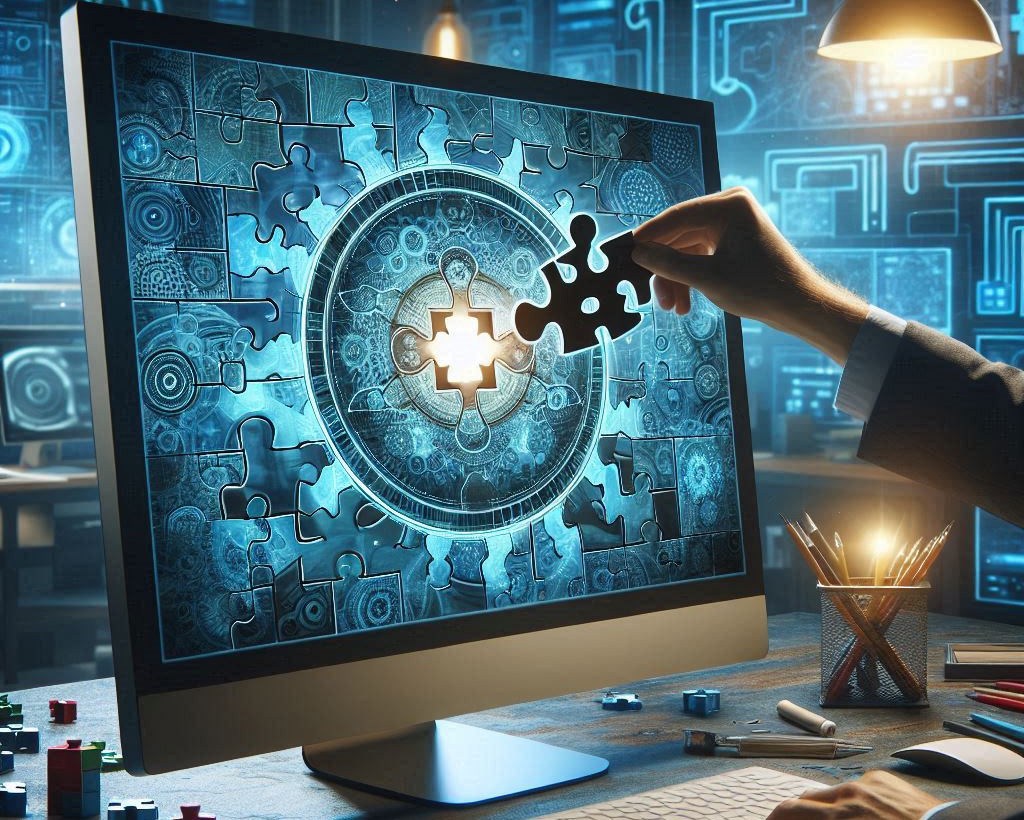 Illustration of a person adding a jigsaw puzzle piece into a computer