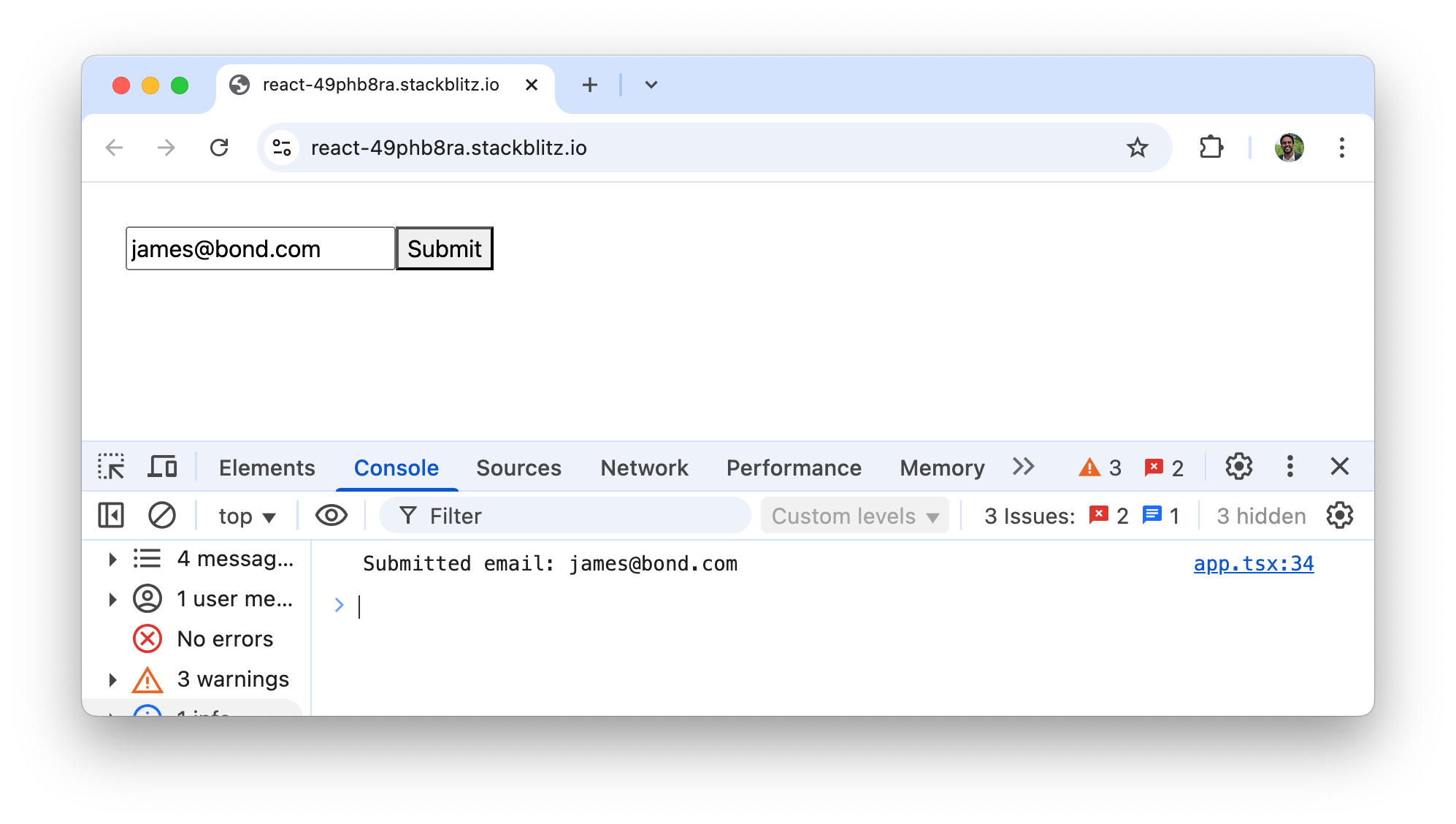 Example of a the console when the KendoReact input component is used.