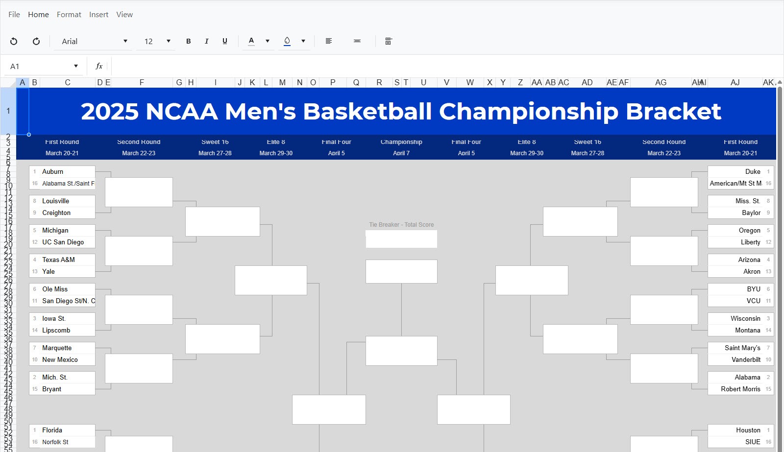 March Madness bracket in Blazor Spreadsheet